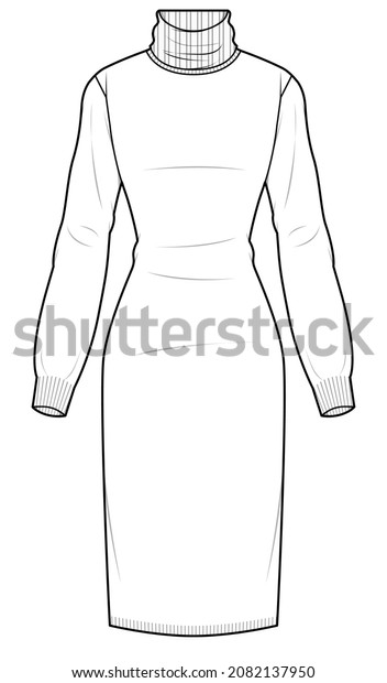 women bandage dress long sleeve knee length\
polo neck bandage sweater dress vector sketch illustration isolated\
on white background