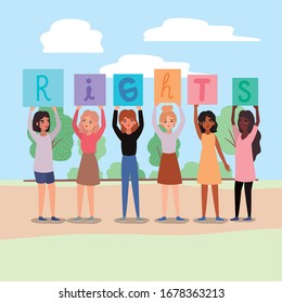 Women with banners trees shrubs and clouds design of empowerment female power feminist people gender feminism young rights protest and strong theme Vector illustration