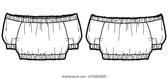 Dibujo de la ilustración de la moda de boceto plano de diseño superior con vista frontal y trasera. fuera del hombro Crop top straplausa plantilla vectorial de dibujo, blusa gitana superior