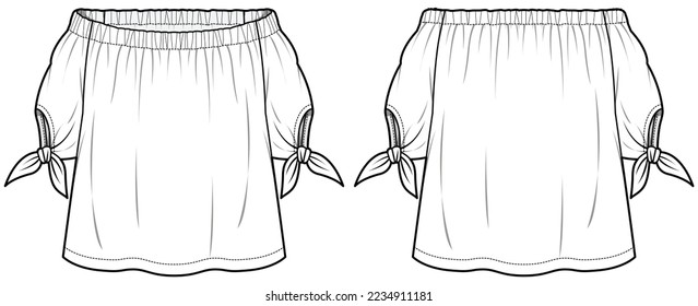 Cañón bardot femenino con diseño de manga nuda dibujo plano de ilustración de moda con vista frontal y posterior. fuera del hombro Recortar plantilla vectorial de dibujo de blusa superior