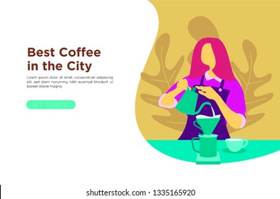 women barista pouring coffee flat illustration, landing page, website, infographic, banner, poster.