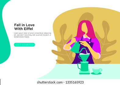 women barista pouring coffee flat illustration, landing page, website, infographic, banner, poster.