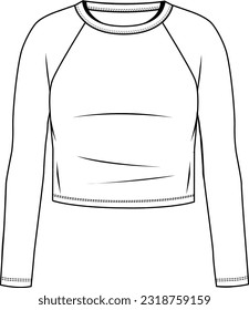 mujeres cuello redondo básico, camiseta de corte de manga larga raglan vector de dibujo técnico