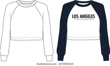 mujer de cuello redondo básico,vector de dibujo técnico de camiseta de manga larga raglan. Camisas de manga larga de moda planas de dibujo técnico. blusa de blusa cortada de la manga raglan 