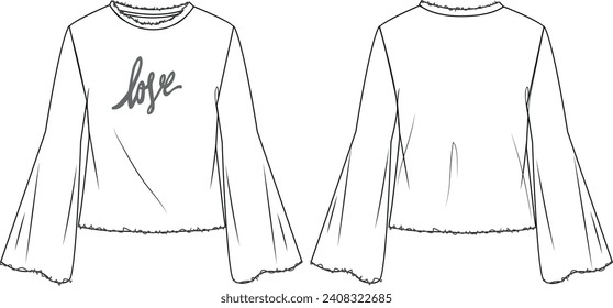 women basic round collar,long sleeve ,lettuce edge tshirt technical drawing vector	