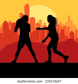 Women basketball in front of city sunset vector background