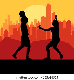 Women basketball in front of city sunset vector background