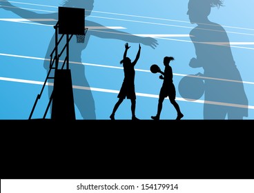 Women basketball player active sport girls vector background illustration