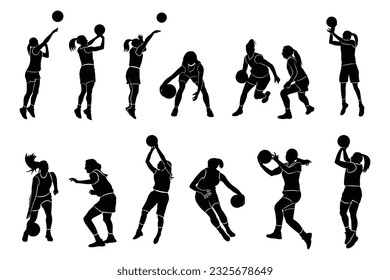 Women Basketball Player Silhouettes. basketball players isolated vector illustration. slamdunk style basketball player silhouette vector illustration. Good for sport graphic resources.