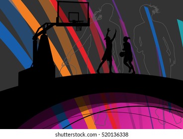 Women basketball players active and healthy sport silhouettes vector abstract background illustration