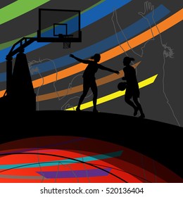 Women basketball players active and healthy sport silhouettes vector abstract background illustration