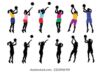 Women Basketball players different poses in silhouette flat vector illustration isolated on white background.