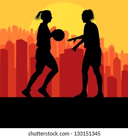 Women basketball players vector background in front of city