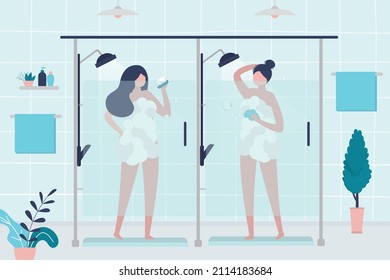 Women Bathe After Training In Public Shower. Public Bathroom Interior Design. Female Character Soaps Herself With Gel. Water Procedures After Workout Or Swimming Pool. Flat Vector Illustration