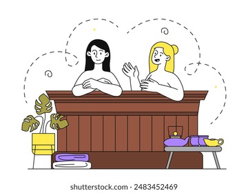 Women bathing concept. Young girls in sauna and spa treatments. Relaxin and rest. People resting in hot water. Linear flat vector illustration isolated on white background