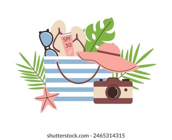 Women beach bag with accessories. Flip flops, sunglasses and sunscreen in bag. Vacation and holiday at sea. Camera and tropical leaves. Flat vector illustration isolated on white background.