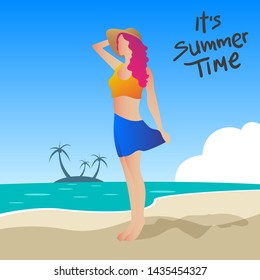 women beach summer time vector flat design
