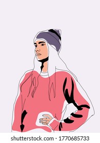 Women with beanie hat line art