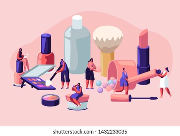 Women in Beautician Parlor. Female Characters Testing Skin Care Products in Beauty Salon. Makeup Courses, Make Up School, Cosmetics Masterclass, Face Care and Beauty. Cartoon Flat Vector Illustration