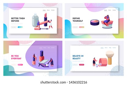 Women in Beautician Parlor. Female Characters Testing Skin Care Products in Beauty Salon. Makeup Cosmetics Face Care, Beauty Website Landing Page Set, Web Page. Cartoon Flat Vector Illustration Banner