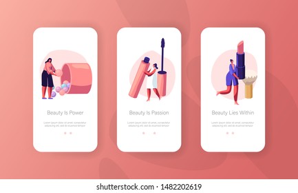 Women in Beautician Parlor Mobile App Page Onboard Screen Set. Female Characters Testing Cosmetics in Beauty Salon. Makeup Courses Concept for Website or Web Page, Cartoon Flat Vector Illustration
