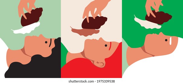 Women at the beautician, spa snail. Flat vector stock illustration. Mucin for skin care. Woman's face with mollusk. Cosmetology spa snail. Skin health. Set of illustrations