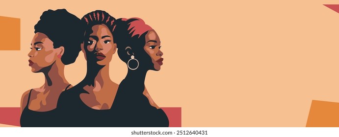  Mulheres lindas afro-americanas, juntas.  Ilustração vetorial sobre o tema do Dia Internacional da Mulher, feminismo, proteção. Movimentos em prol da igualdade de gênero e do empoderamento das mulheres.