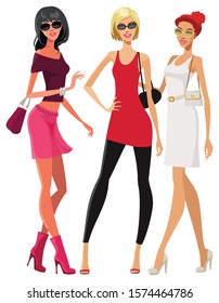 women in beautiful clothes and bags in their hands.