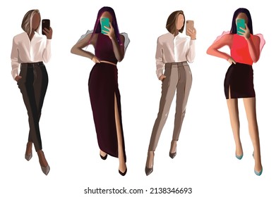 women beauty bloggers, mass media representatives, mass media, filming a vlog, taking a selfie on the phone, creator creating content, vector
