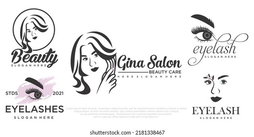 women beauty and eyelashes icon set logo design