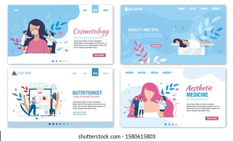 Women Beauty and Proper Nutrition Services Flat Landing Page Set. Cosmetology and Aesthetic Medicine. Personal Nutritionist Consultation and Treatment. Spa Salon. Vector Cartoon Illustration