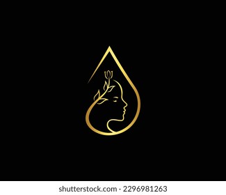 Women Beauty Skin Care Natural Face Logo Design With Water Drop Minimalist Line Icon Vector Illustration.