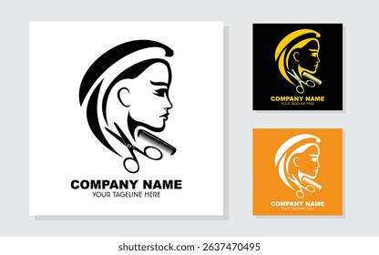 Women beauty spa logo. set of women beauty salon logo icons. logo with woman silhouette with scissors and comb.