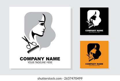 Women beauty spa logo. set of women beauty salon logo icons. logo with woman silhouette with scissors and comb.