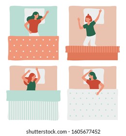 Women in bed. Sleeping woman in various posture, sleep positions, cute cartoon girls in bed, sleeping poses vector illustration isolated set