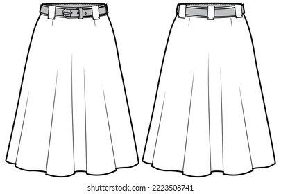 Women belted circle Skirt flat sketch illustration, Set of Womens midi length skirt font and back view technical drawing vector illustration