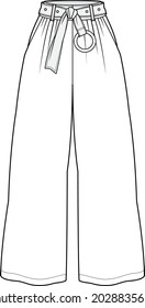 Women Belted High Waist Trouser Wide Leg Palazzo Pant Flat Sketch Vector Illustration