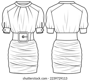 Women belted ruched mini dress design flat sketch fashion illustration drawing with front and back view. Ladies bodycon  bandage evening wear. High  neck tight dress drawing vector template
