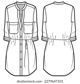 Women belted shirt dress design with band collar flat sketch fashion illustration with front and back view, Long Sleeve Kurtha shirt dress cad technical drawing vector template