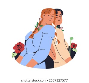 Women, best friends with flowers. Female friendship, girls love, bonding concept. Femininity and sisterhood. Sisters in garden, nature together. Flat vector illustration isolated on white background