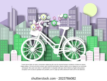 Women bicycle with flower basket, city building silhouettes, vector illustration in paper art style. City eco transport poster template.
