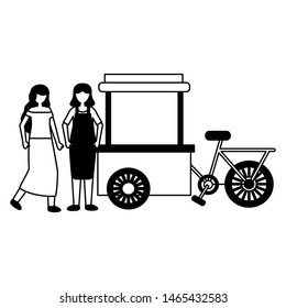 women bicycle food cart design vector illustration
