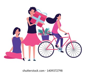 women with bicycle and gift avatar cartoon character vector illustration graphic design