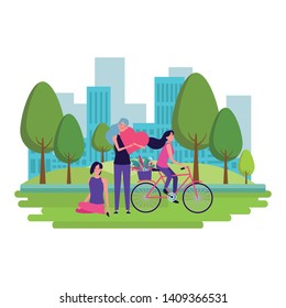 women with bicycle and heart avatar cartoon character in the park cityscape vector illustration graphic design
