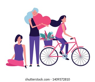 women with bicycle and heart avatar cartoon character vector illustration graphic design