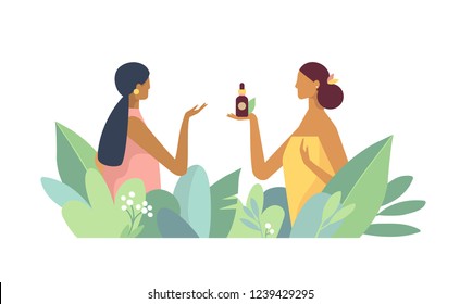 Women in big leaves speak. One of them advise another organic natural  cosmetics cream for body and face care and beauty. Illustrations in flat design style. Stylish concept for cosmetics. 
