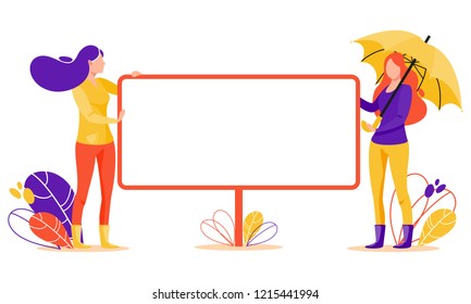 Women with big poster. Vector concept illustration of advertisement in flat style