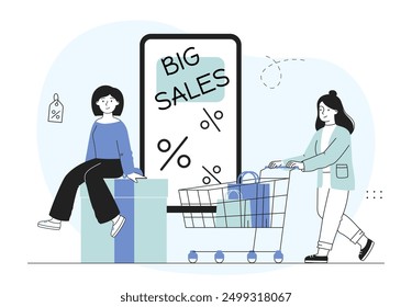 Women with big sales. Girls near huge smartphone. Discounts and promotions, special offer. Shopaholics with purchases. Outlet and store online. Linear vector illustration isolated on white background