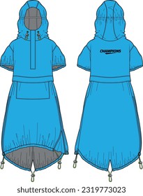 Women bike cagoule Anorak Hoodie jacket design flat sketch illustration, Raincoat Hooded jacket with front and back view, windcheater winter jacket for girl and women for bike riding
