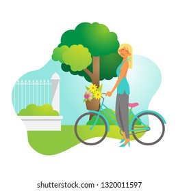 Women With Bike And FLower Spring Flat Illustration For Landing Page